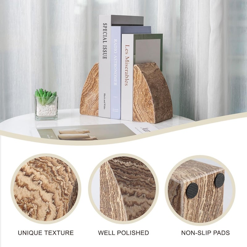 Koville Travertine Bookends for Shelves, Large Stone Bookends for Heavy Books, Non-Slip Heavy Duty Book Stopper for CD/Movies, Aesthetic Decorative Book Ends for Bookshelf Table Home Decor(Brown) - Image 4